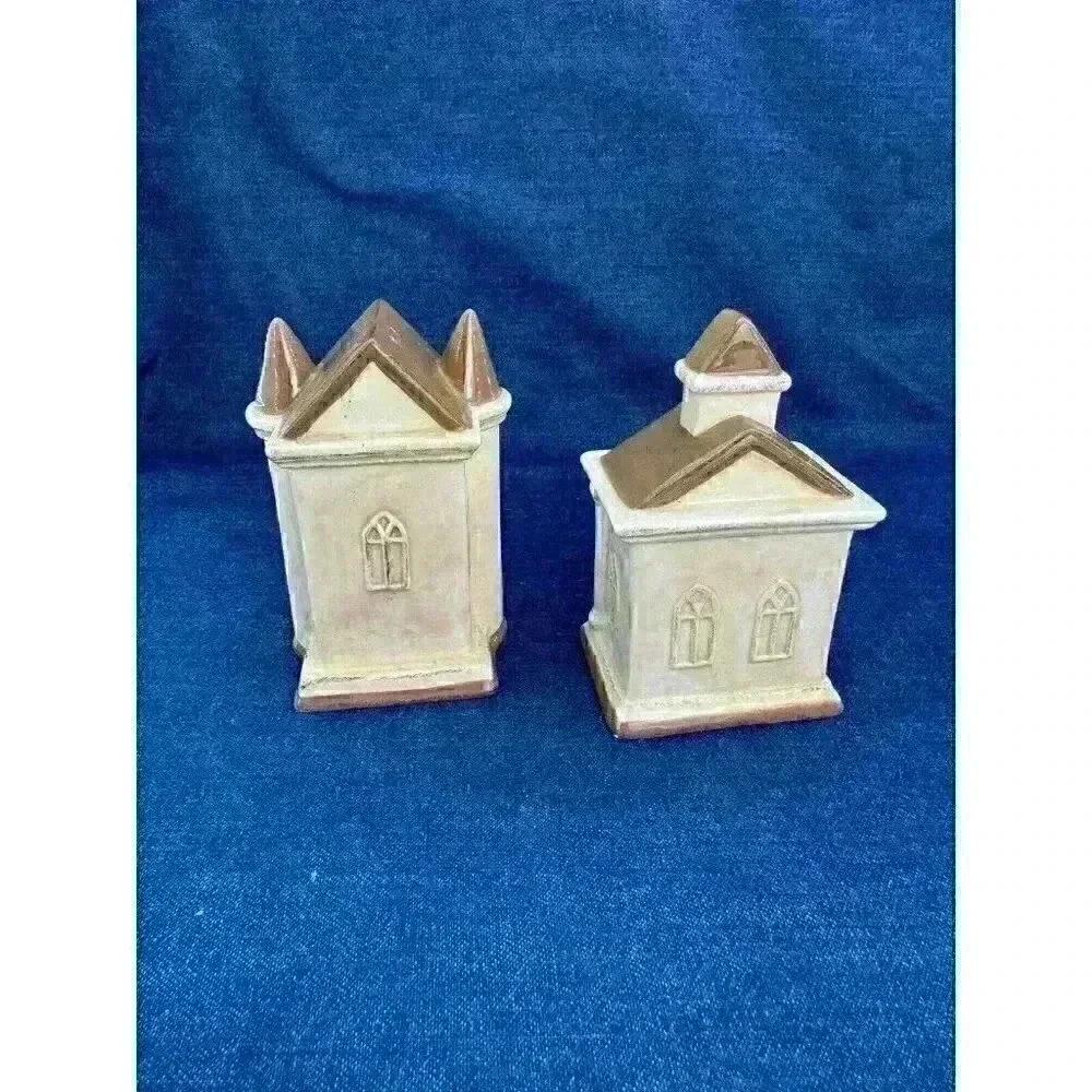 Vintage‎ Church Temple Religion Ceramic Salt & Pepper Shakers With Stand
